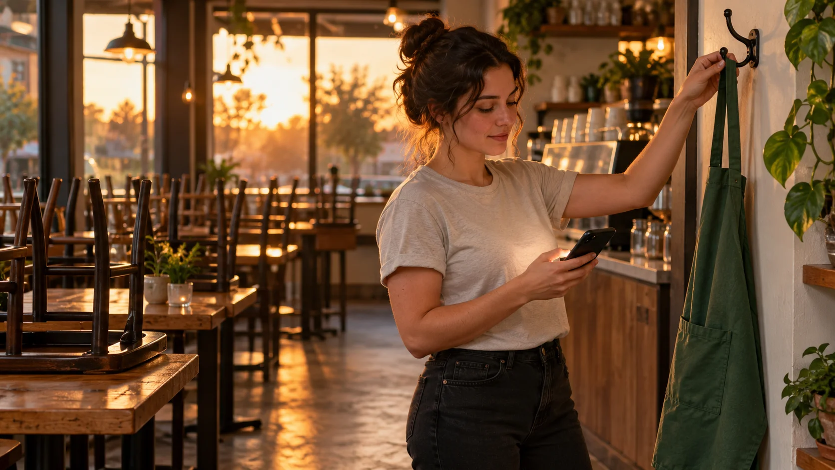 A café worker at closing time hanging a green apron on a wall hook while checking a phone, with chairs upturned on the tables behind and the sun setting outside.