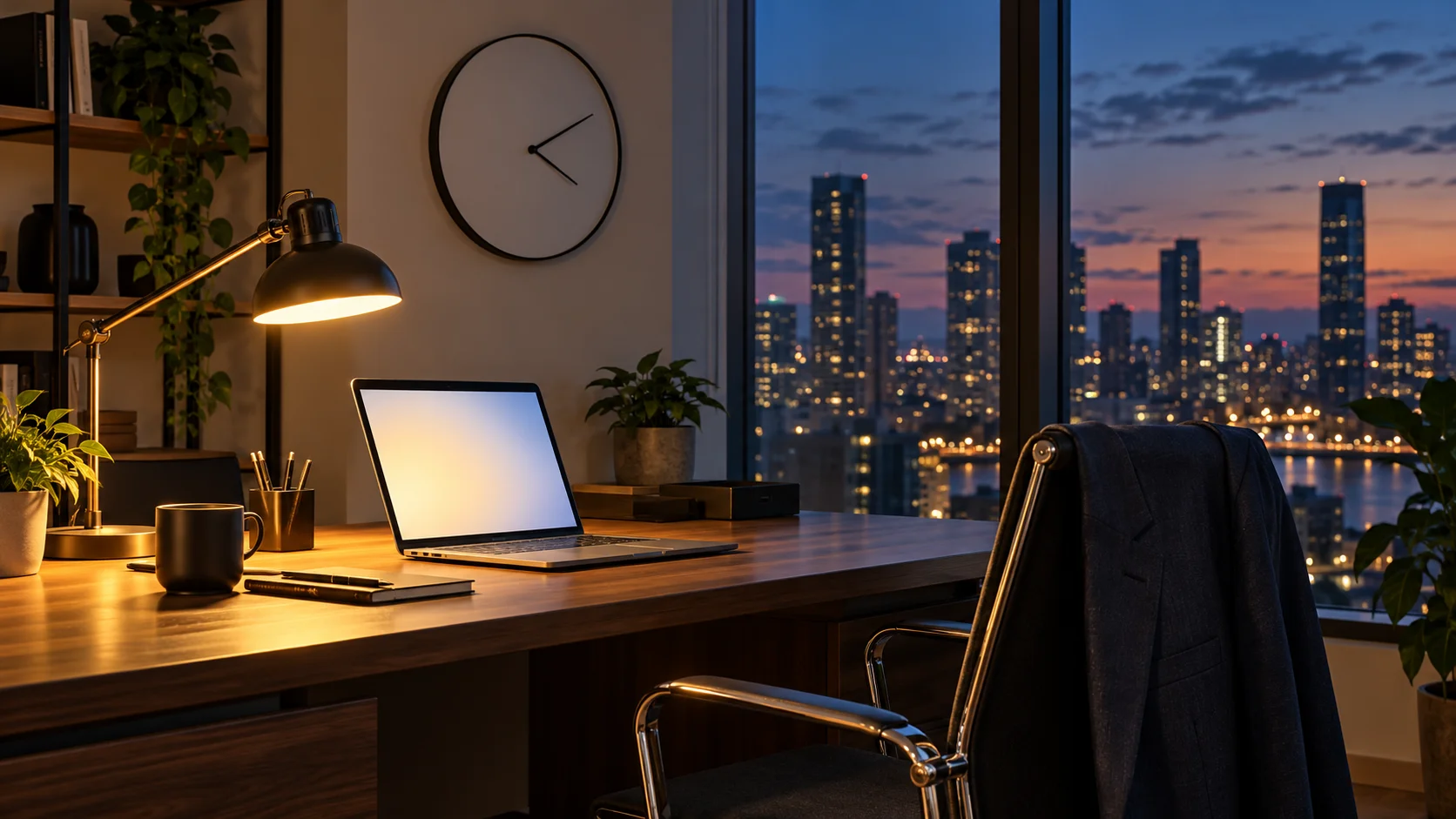 An office desk at dusk with a lit desk lamp, an open laptop, a suit jacket over the chair, a plain wall clock and city lights through the window.