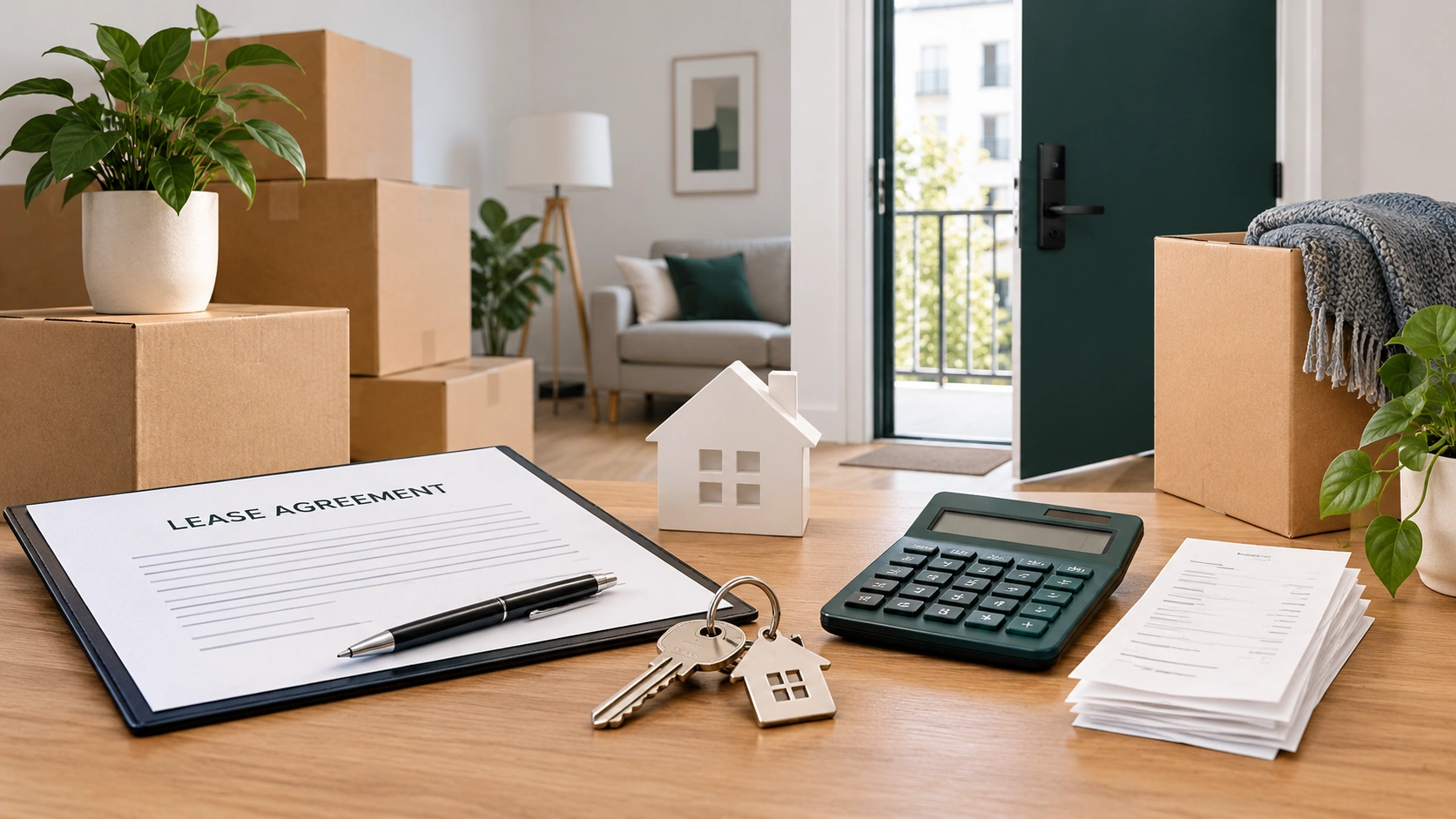 Moving boxes beside a lease agreement, apartment keys, a calculator, and receipts.