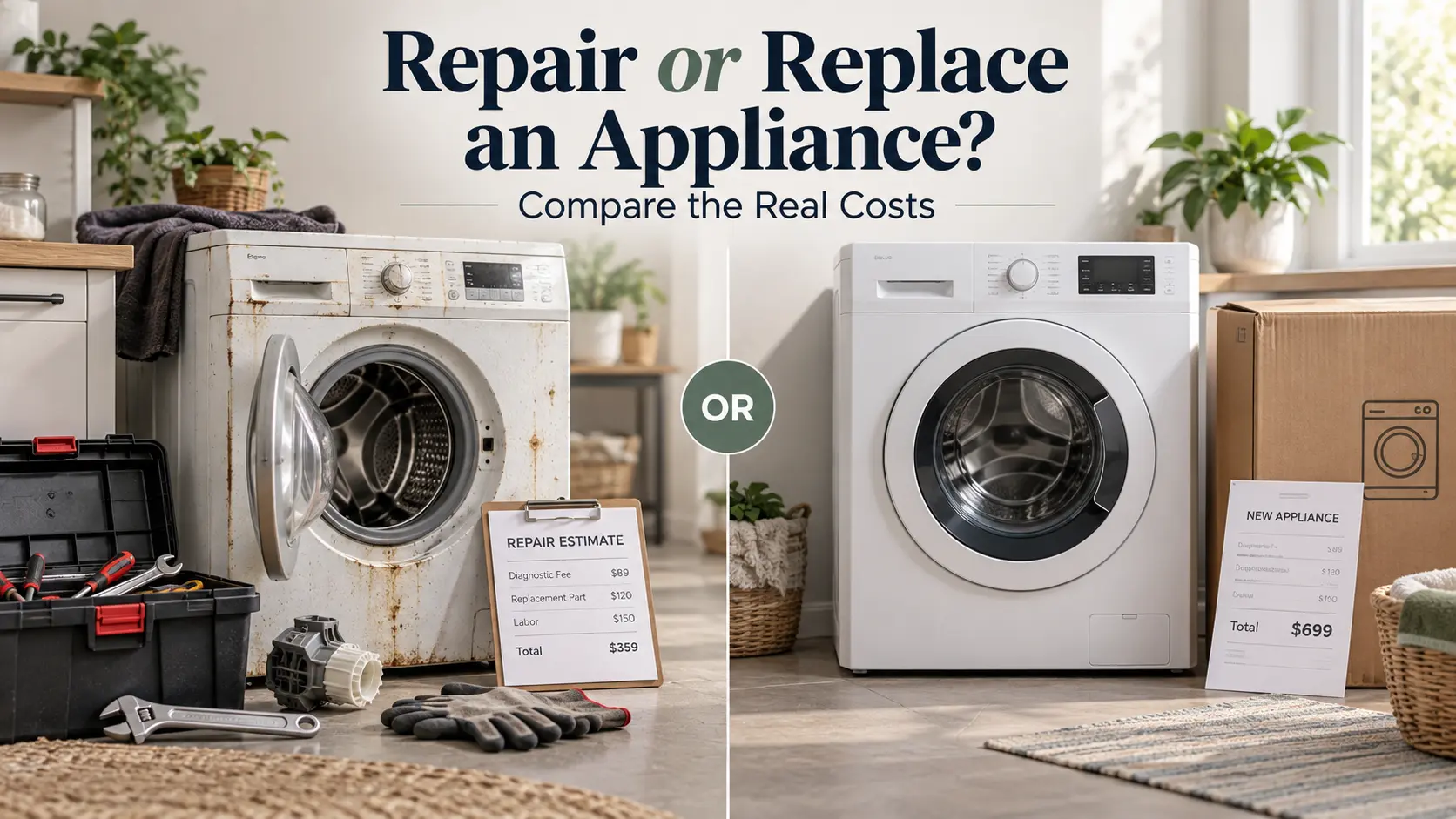 A worn washing machine with tools and a repair estimate on the left, and a new washing machine with a purchase price on the right, separated by the word OR.