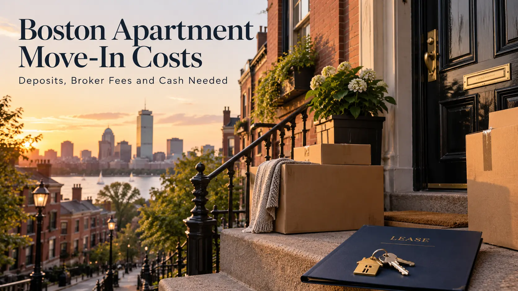Moving boxes and a lease folder with keys on the front steps of a Boston brick row house, with the Back Bay skyline at sunset behind.