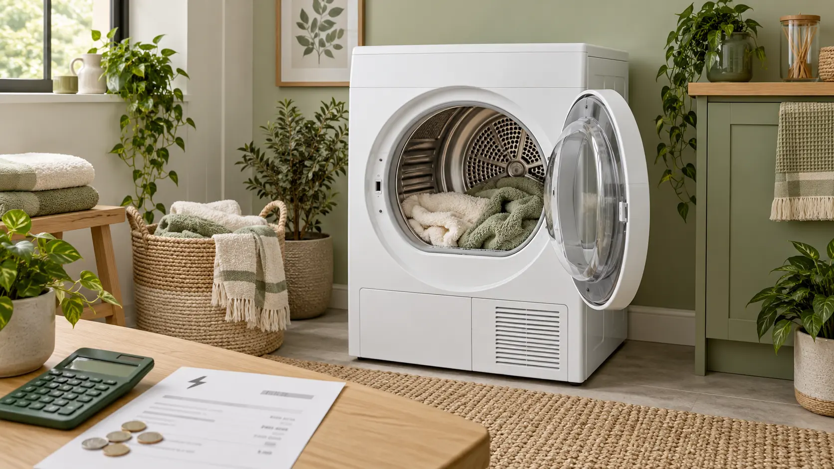 A white front-loading clothes dryer with its door open and towels inside, and in front of it a calculator, a few coins and an electricity bill marked with a lightning bolt on a wooden table.