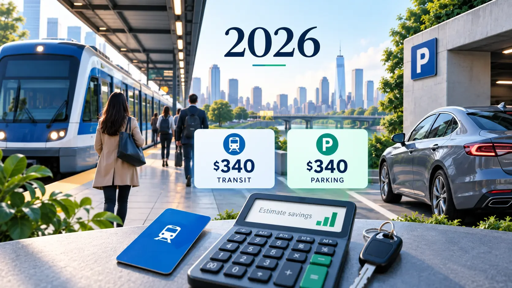 2026 commuter-benefit illustration showing a train, parking, a calculator and separate $340 transit and parking limits.