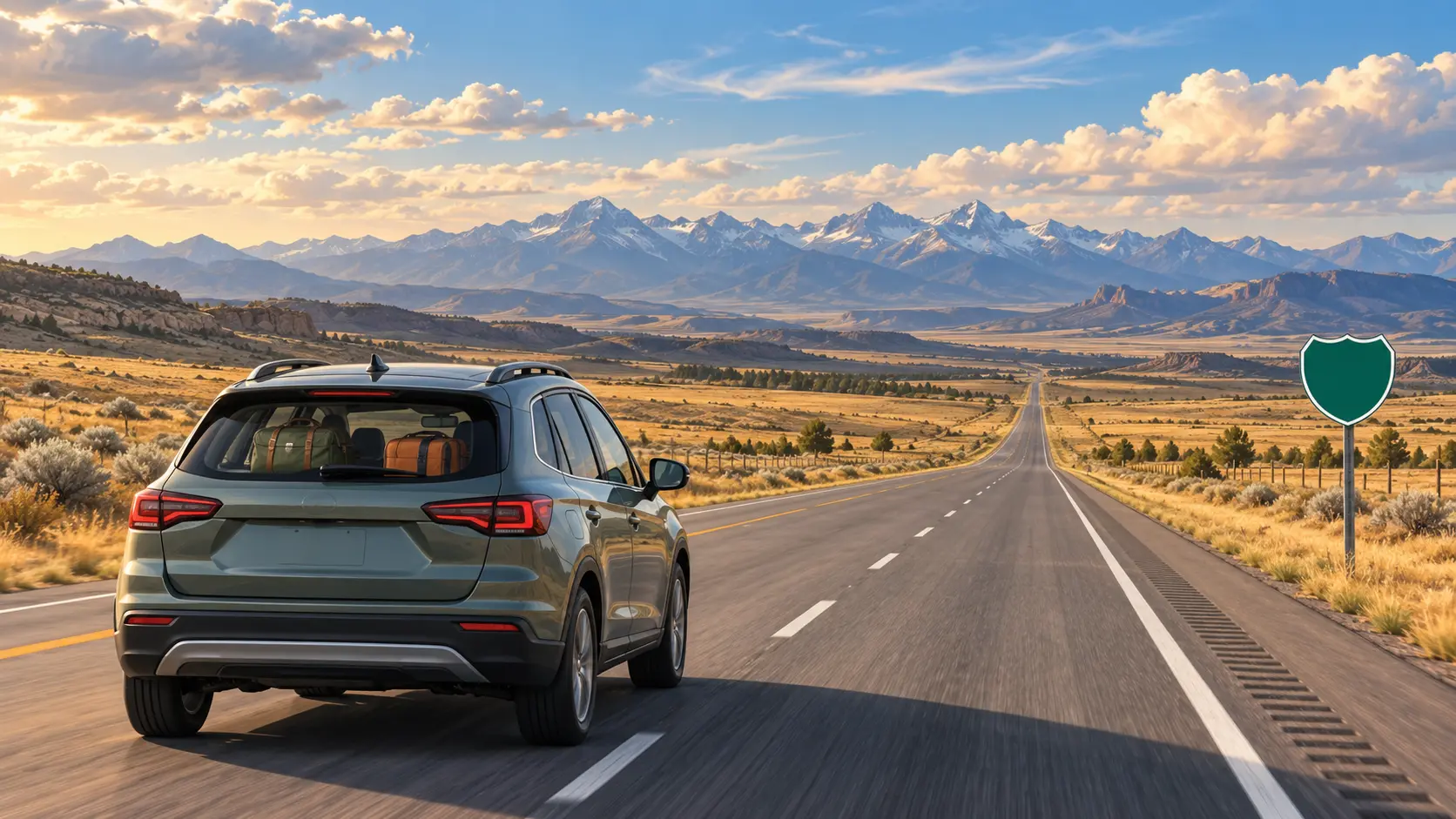 A car on an open interstate crossing the western plains toward distant mountains on a cross-country drive.