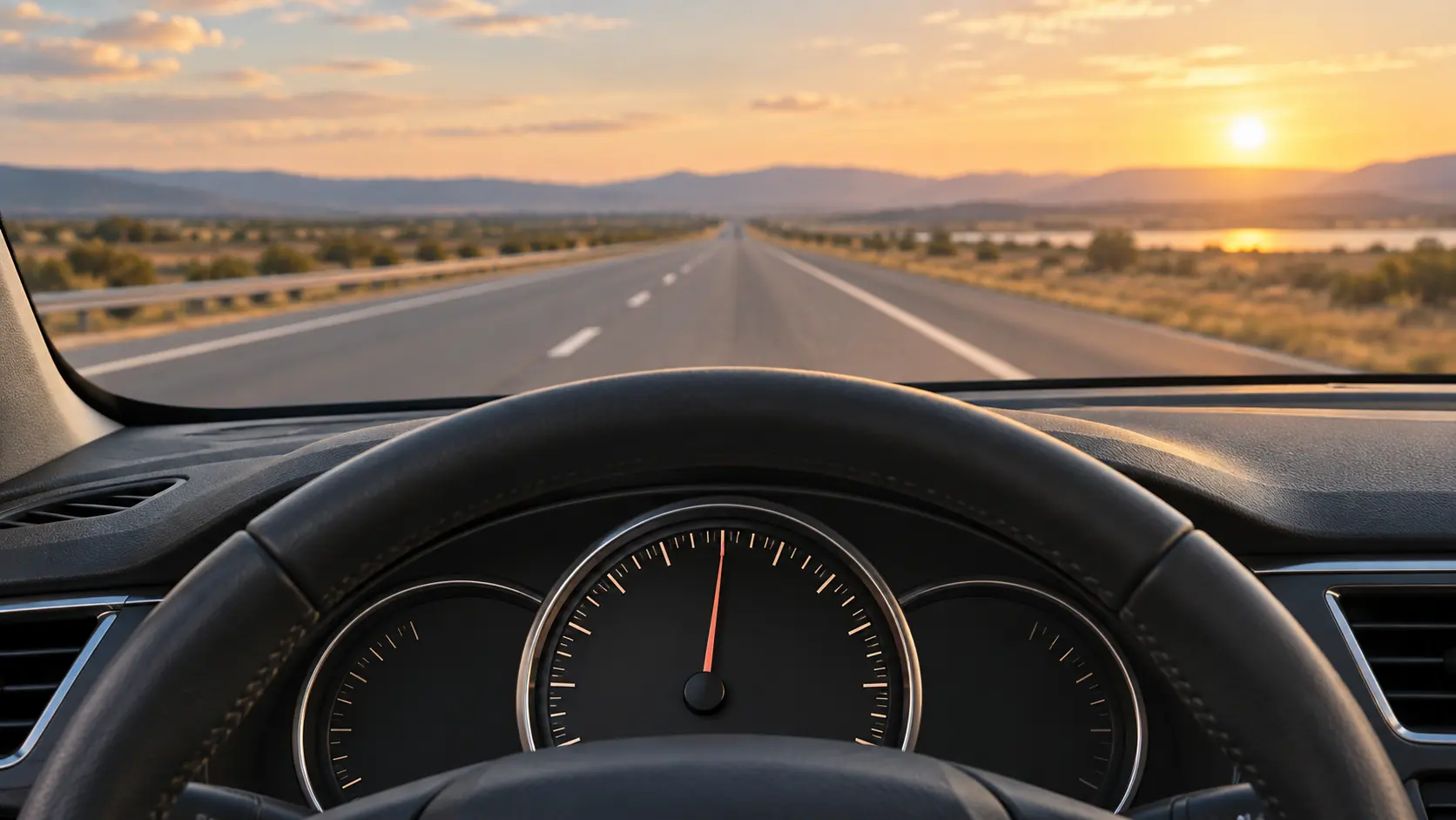 A car dashboard at steady highway speed with an open road ahead.