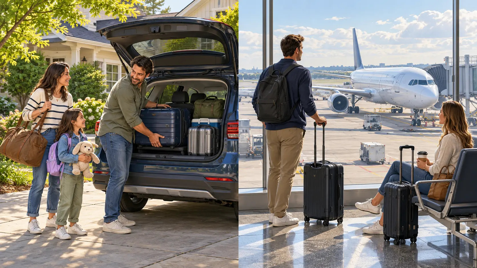 A family packing a car on one side and travelers waiting at an airport gate on the other, comparing driving with flying.