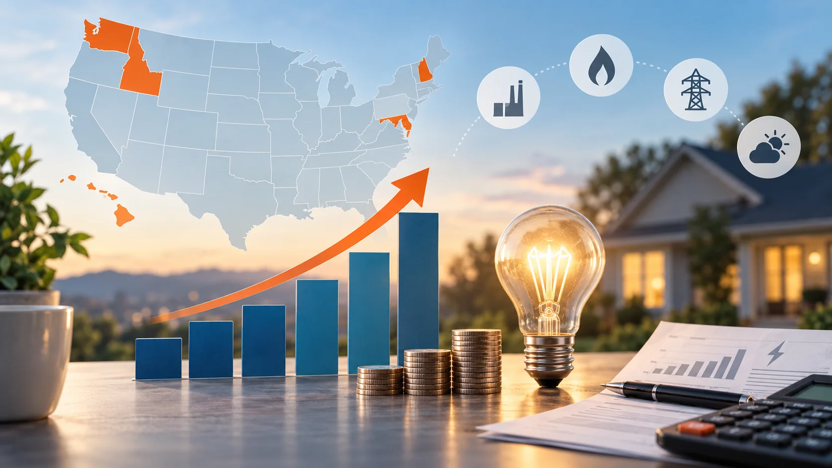 Illustration of rising electricity costs with a U.S. map, an upward arrow, a light bulb and a household bill.