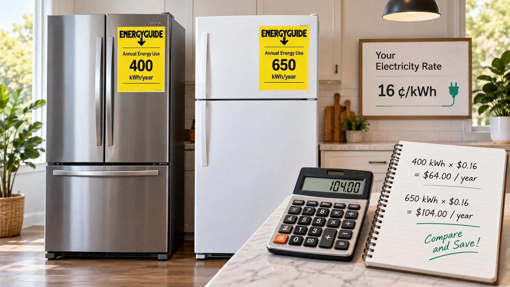 Two refrigerators with illustrative annual energy labels of 400 and 650 kWh, compared at 16 cents per kWh.
