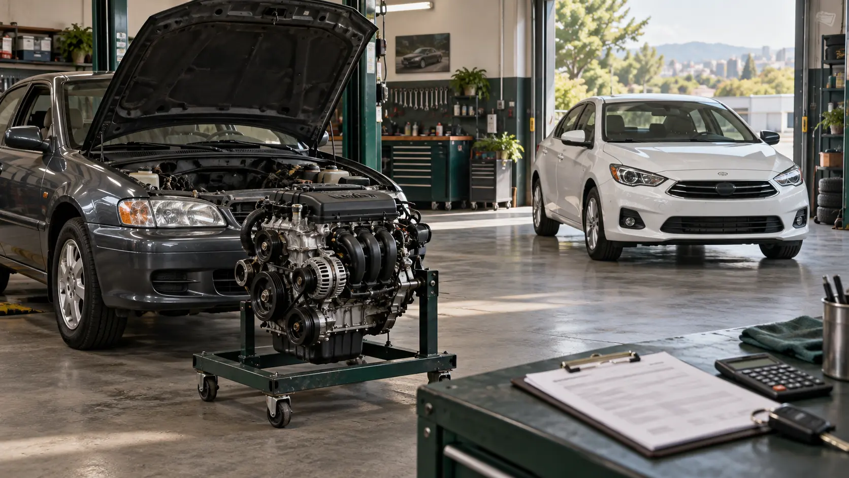 An older gray sedan in a repair shop with its hood open and an engine on a wheeled stand beside it, a newer white sedan parked across the shop, and a clipboard, calculator and car key on a workbench.
