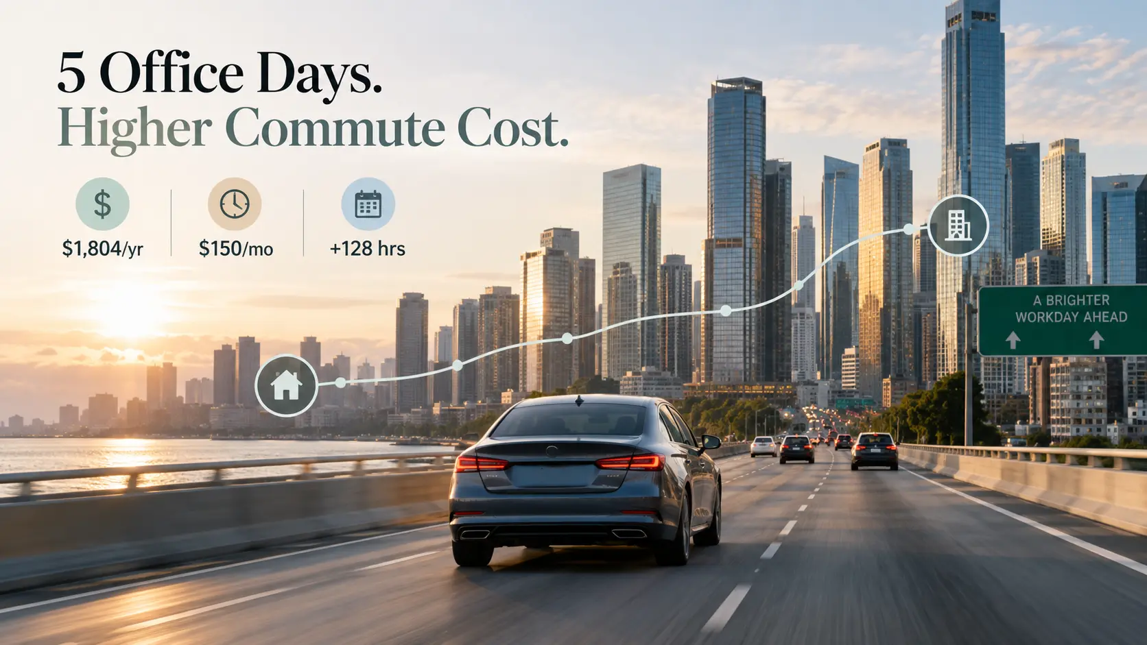 Five office days and higher commute costs illustrated by a car approaching a city, with annual cost, monthly cost and extra travel hours.