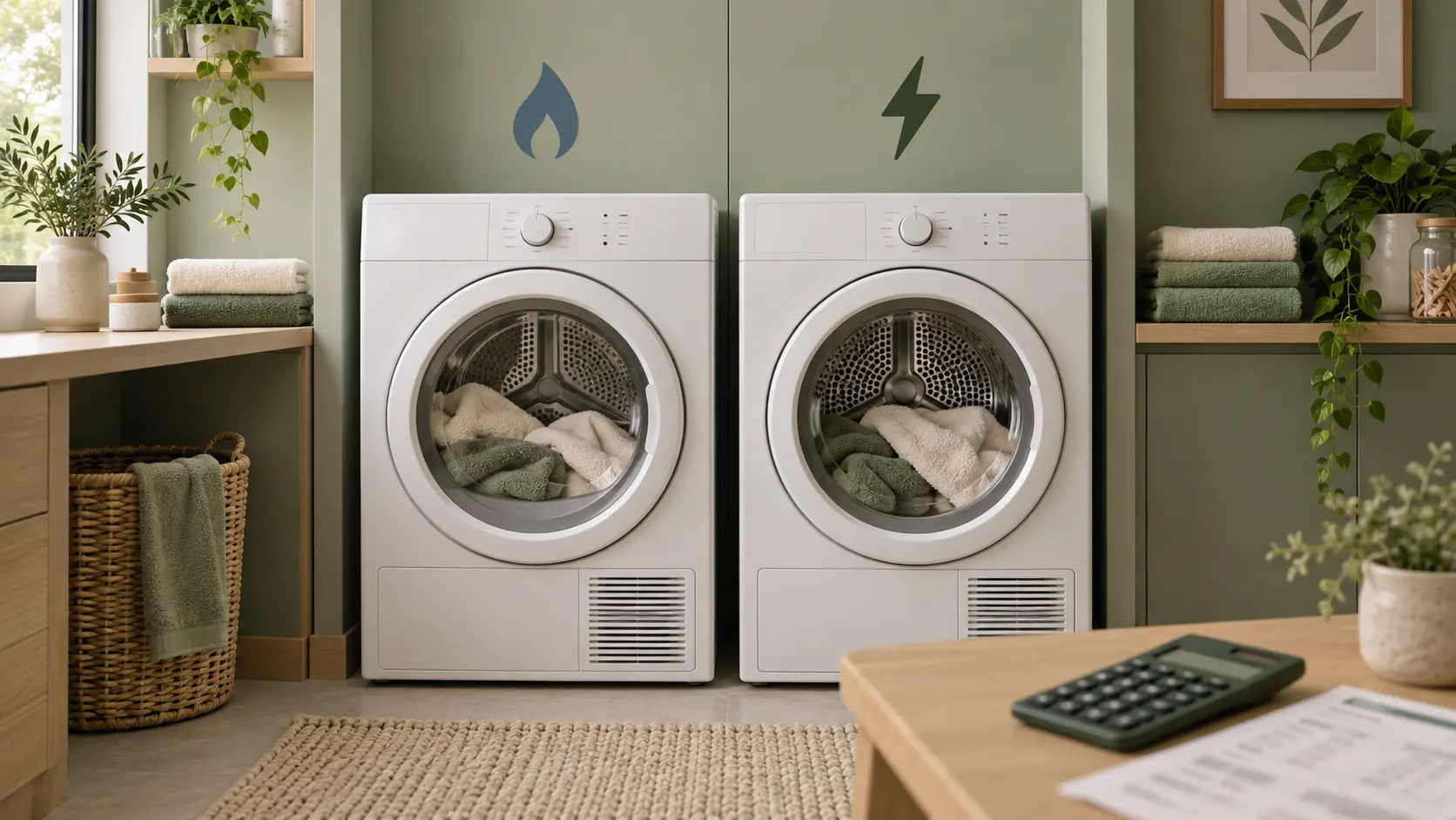 Two front-loading clothes dryers side by side in a laundry room, a blue flame symbol above the left one and a green lightning bolt above the right, with a calculator and a printed sheet on a table in front.