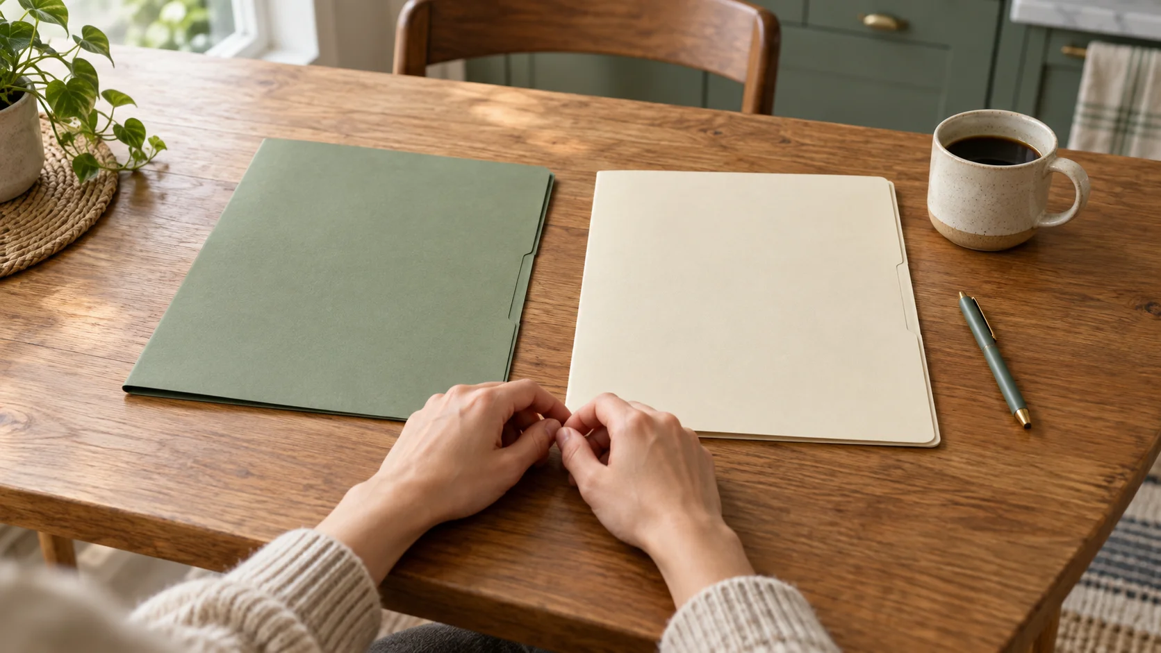 Two plain closed folders, one green and one cream, side by side on a wooden kitchen table in daylight, with a pen, a mug of coffee and a person’s hands resting between them.
