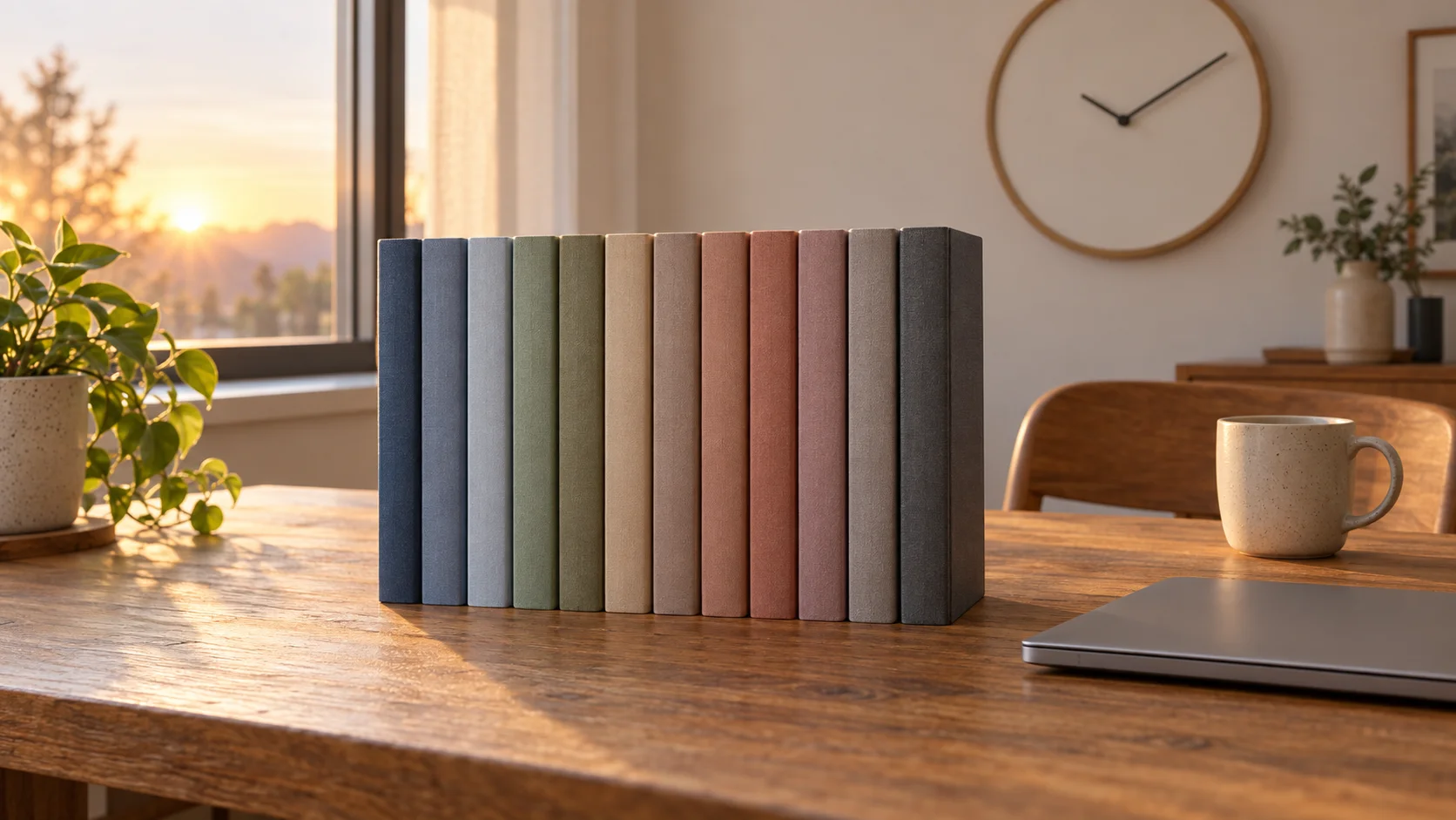 Twelve cloth-bound notebooks in muted colors standing in a row on a wooden desk, with a plain wall clock, a mug, a closed laptop and the sun rising outside the window.