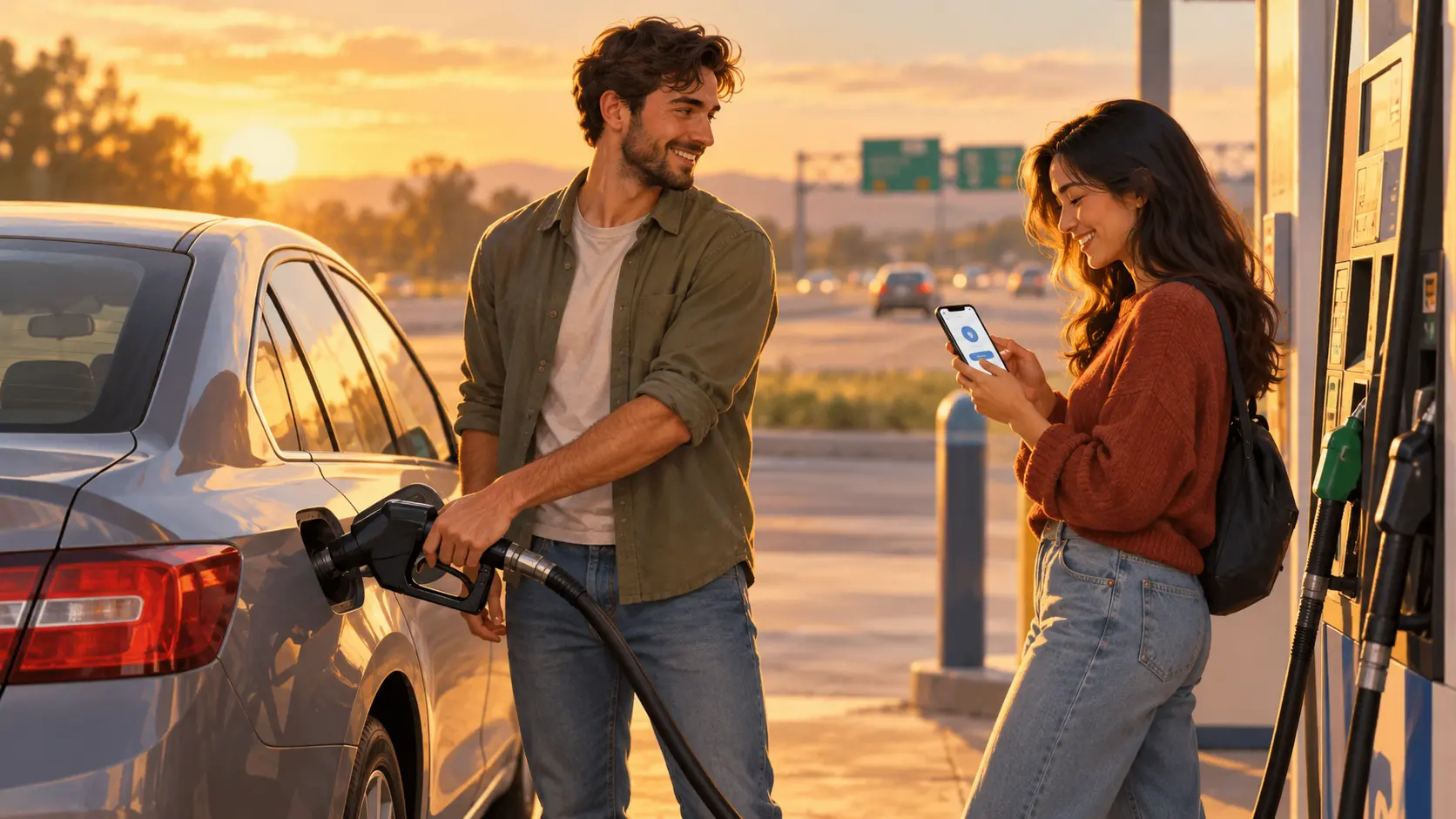 Two friends at a gas pump settling how to split the cost of fuel for a shared drive.