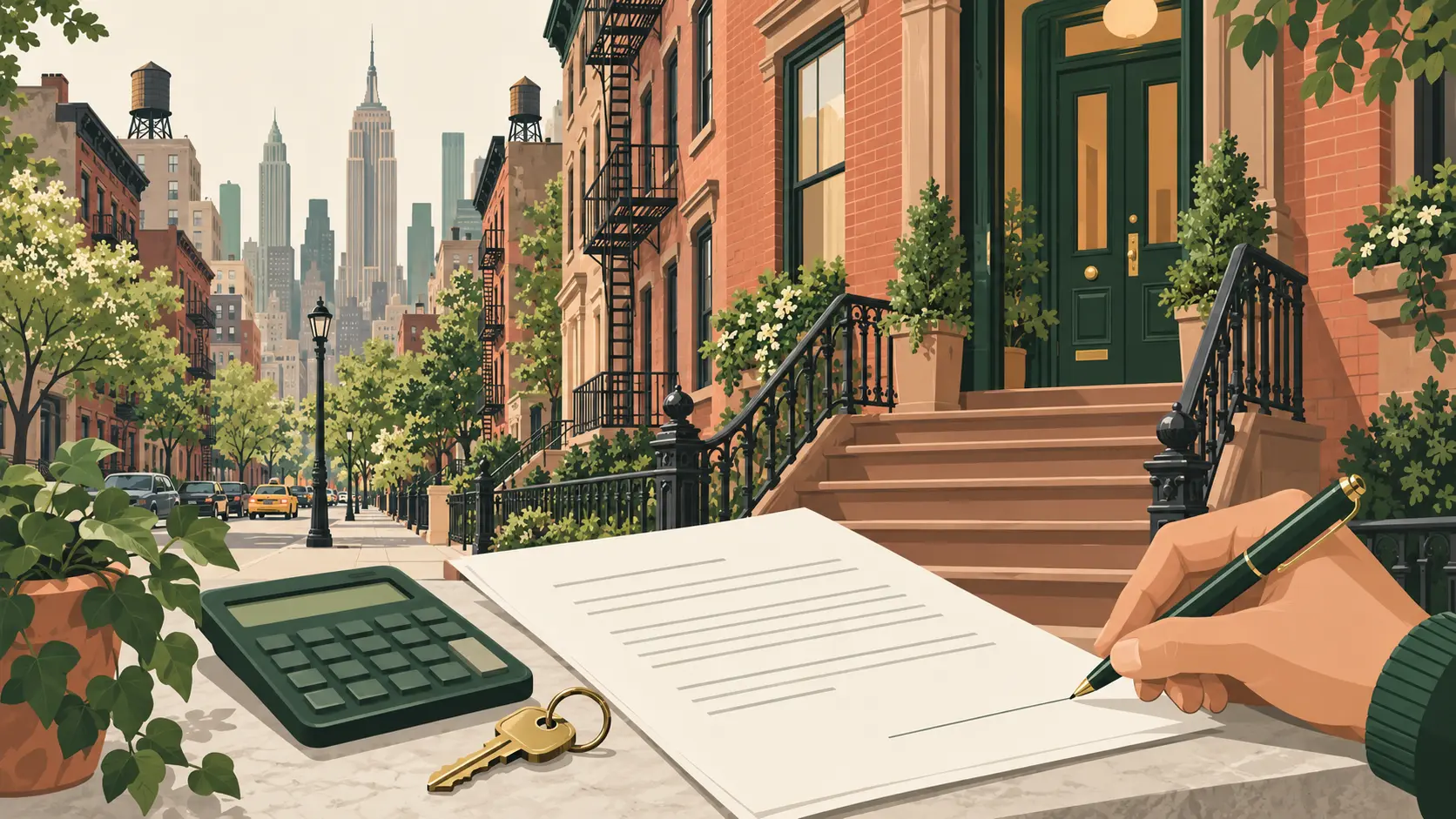 A New York City brownstone street with a stoop, fire escapes and rooftop water towers, the Midtown skyline behind it, and in the foreground a hand signing a lease beside a calculator and a door key.
