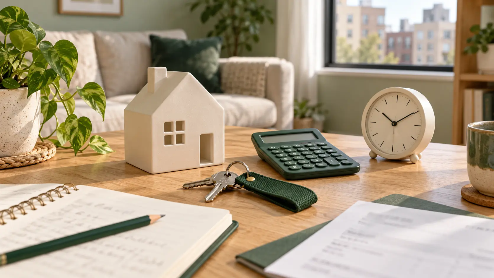 A small white model house, a set of keys, a green calculator and a round clock on a wooden table, with an open notebook and pencil in front and apartment buildings outside the window.