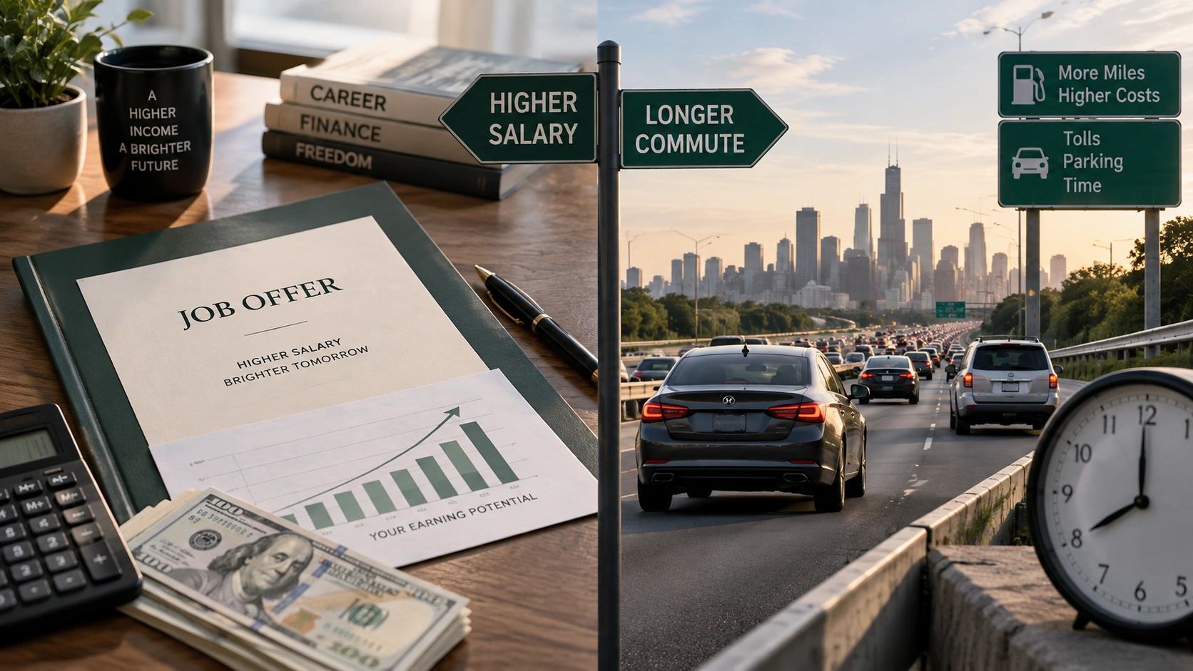 A job offer and cash beside rush-hour traffic, with signs comparing higher salary and a longer commute.