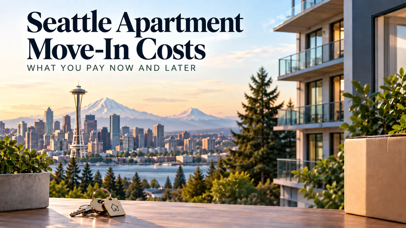 Apartment keys on a house-shaped keyring and a moving box on a balcony table, with the Seattle skyline, Space Needle and Mount Rainier behind.