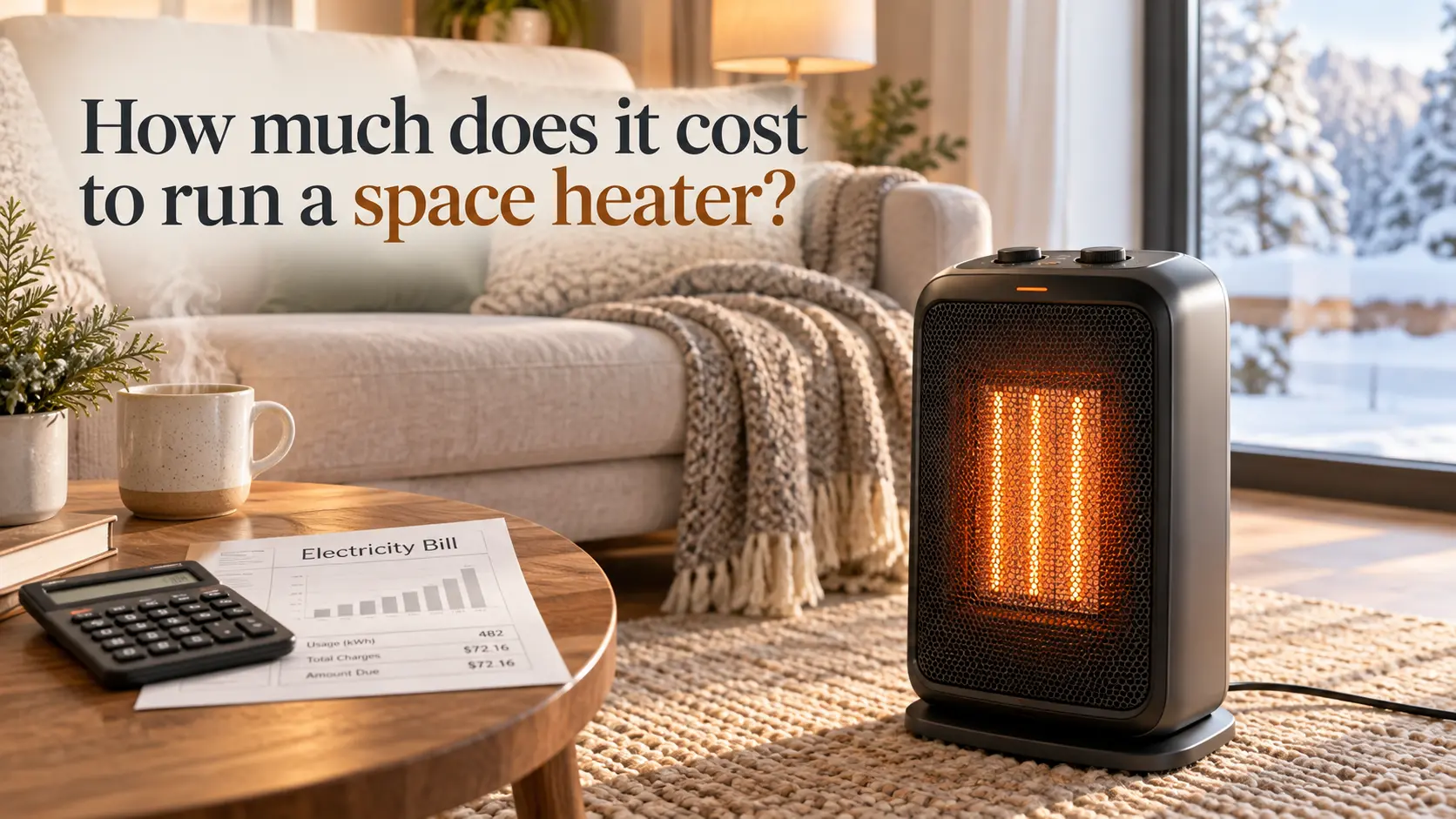 A portable electric space heater running in a living room beside a coffee table holding a calculator and an electricity bill, with snow outside the window.