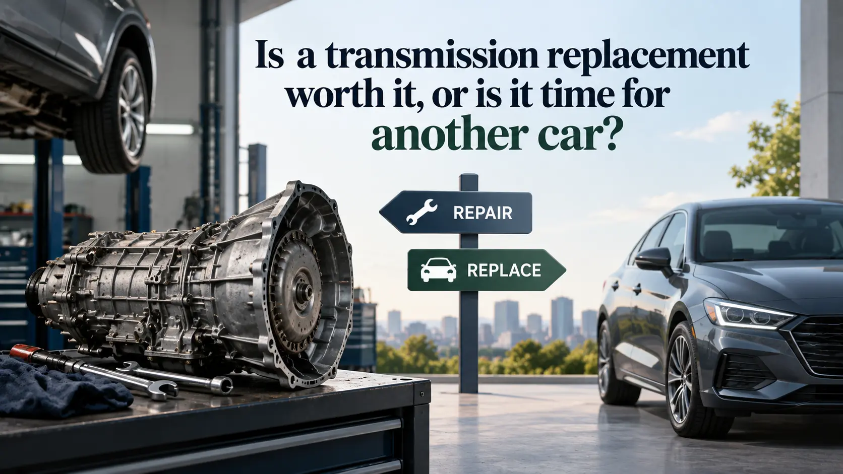A removed automatic transmission on a workshop bench beside hand tools, with a signpost pointing one way to Repair and the other to Replace, a car raised on a lift behind it and another car parked outside.