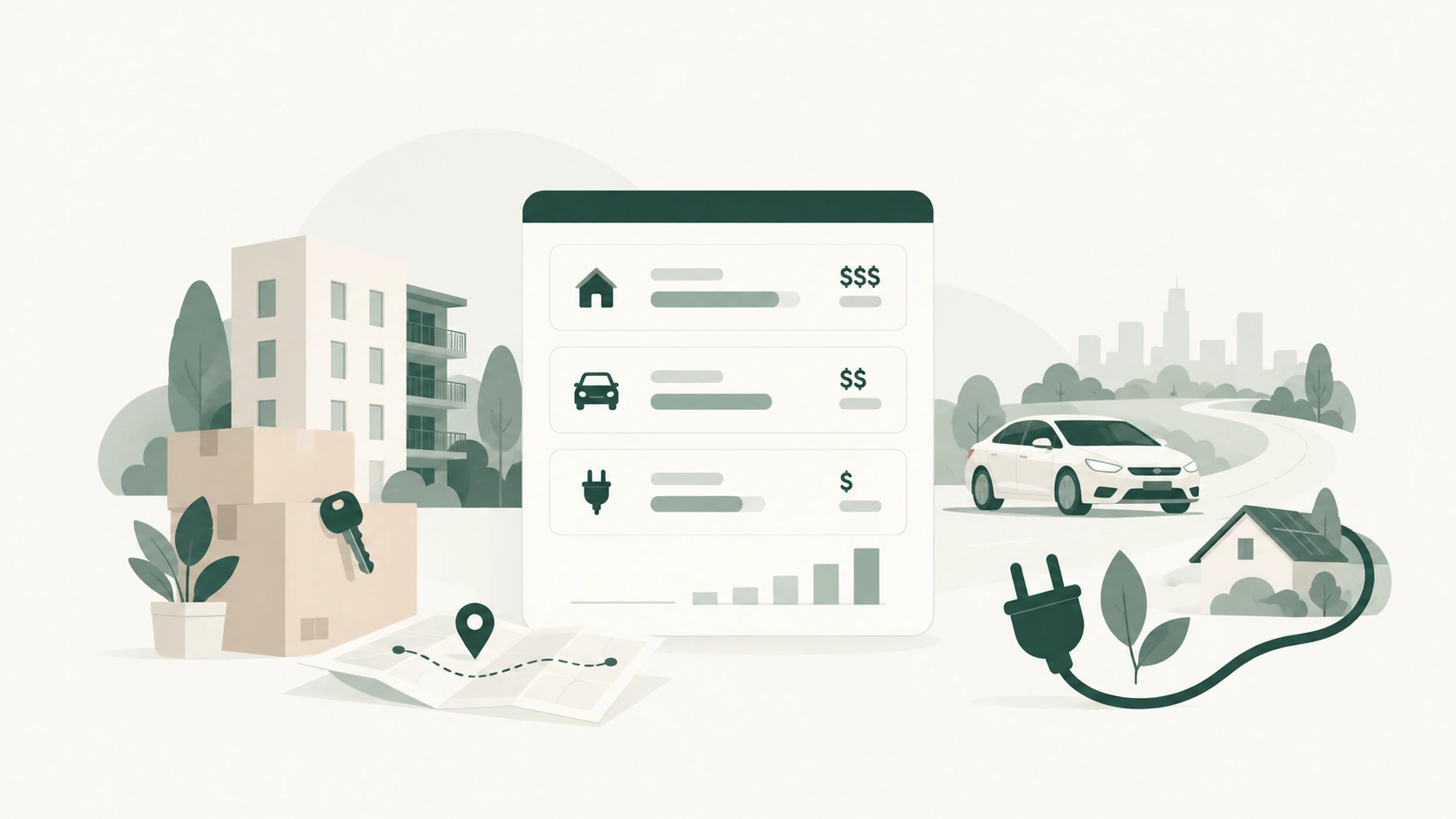 Illustration of apartment moving boxes and keys, a car and commute route, and home electricity costs.